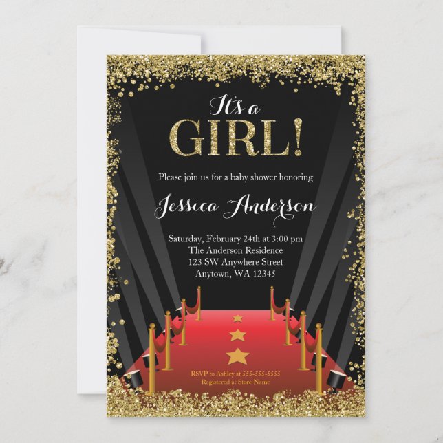 Invitación Alfombra roja Hollywood Faux Purpurina Chica Baby  (Anverso)
