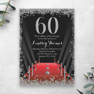 Invitación Alfombra Roja Hollywood Purpurina Plata Cumpleaños