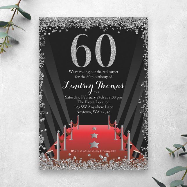 Invitación Alfombra Roja Hollywood Purpurina Plata Cumpleaños (Subido por el creador)