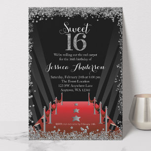 Invitación Alfombra roja Hollywood Purpurina plata dulce 16
