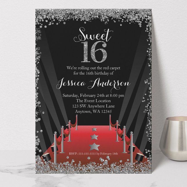 Invitación Alfombra roja Hollywood Purpurina plata dulce 16 (Subido por el creador)