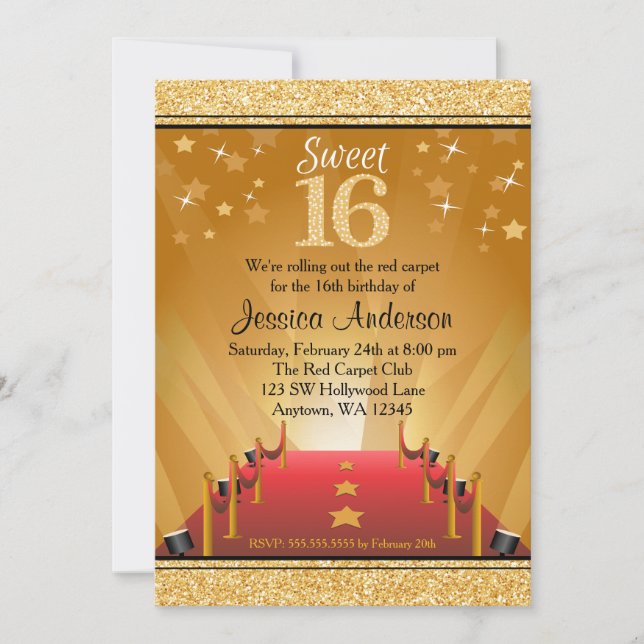Invitación Alfombra Roja Hollywood Star Gold Sweet 16 cumplea (Anverso)