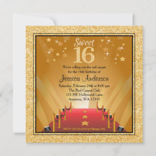 Invitación Alfombra Roja Hollywood Star Gold Sweet 16 cumplea
