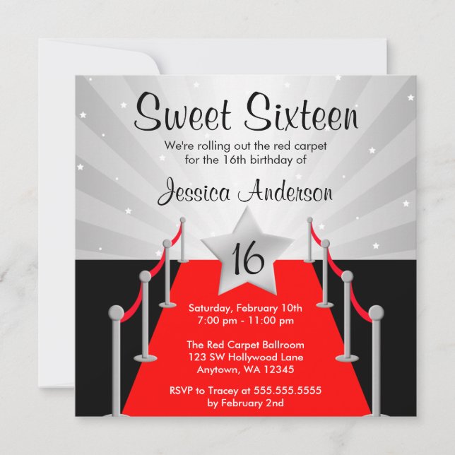 Invitación Alfombra Roja Plata Hollywood Dulce 16 Cumpleaños (Anverso)
