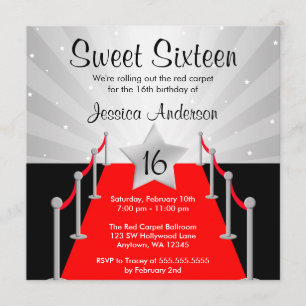 Invitación Alfombra Roja Plata Hollywood Dulce 16 Cumpleaños