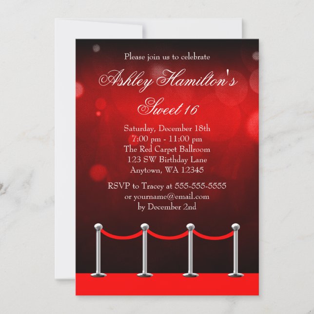 Invitación Alfombra roja plateada Hollywood Sweet 16 cumpleañ (Anverso)