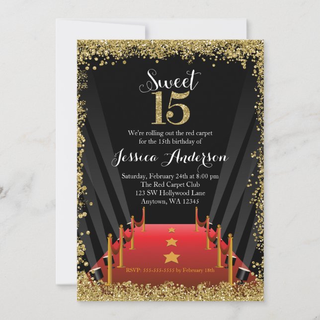 Invitación Alfombra roja Purpurina Hollywood 15 Quinceanera (Anverso)