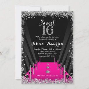 Invitación Alfombra Rosa Hollywood Brillo Plateado Cumpleañer