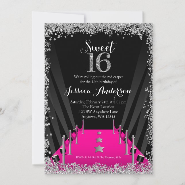 Invitación Alfombra Rosa Hollywood Brillo Plateado Cumpleañer (Anverso)