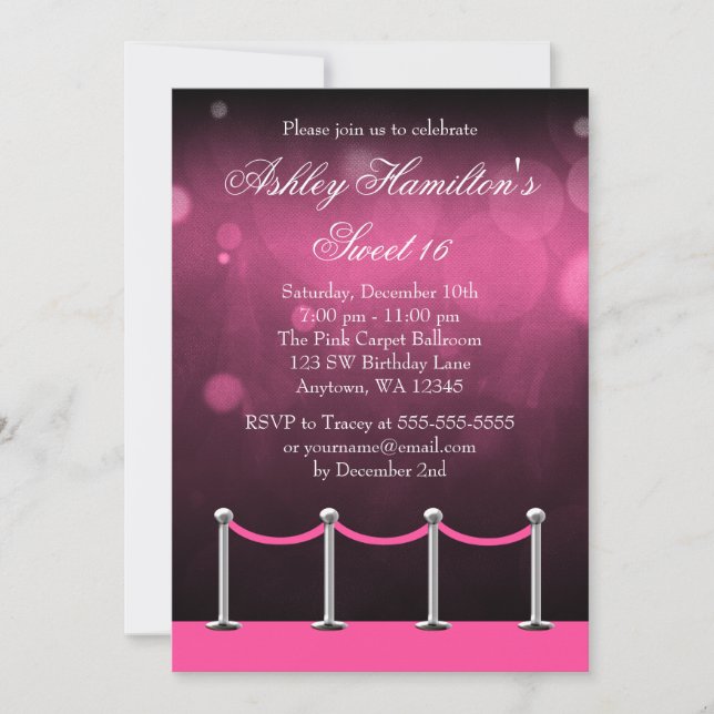 Invitación Alfombra rosa plateada Hollywood Sweet 16 cumpleañ (Anverso)