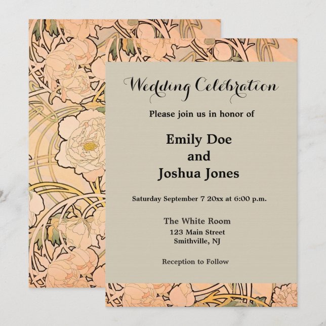 Invitación Alfonse Mucha Art Nouveau Peonies (Anverso / Reverso)