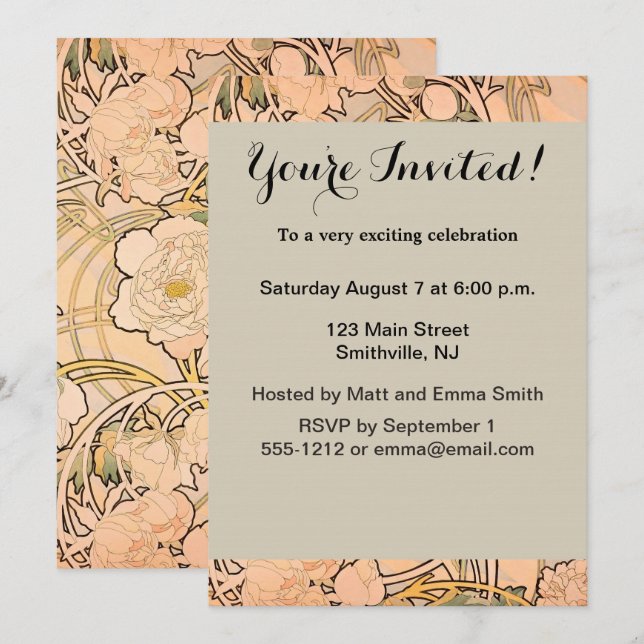 Invitación Alfonse Mucha Art Nouveau Peonies (Anverso / Reverso)