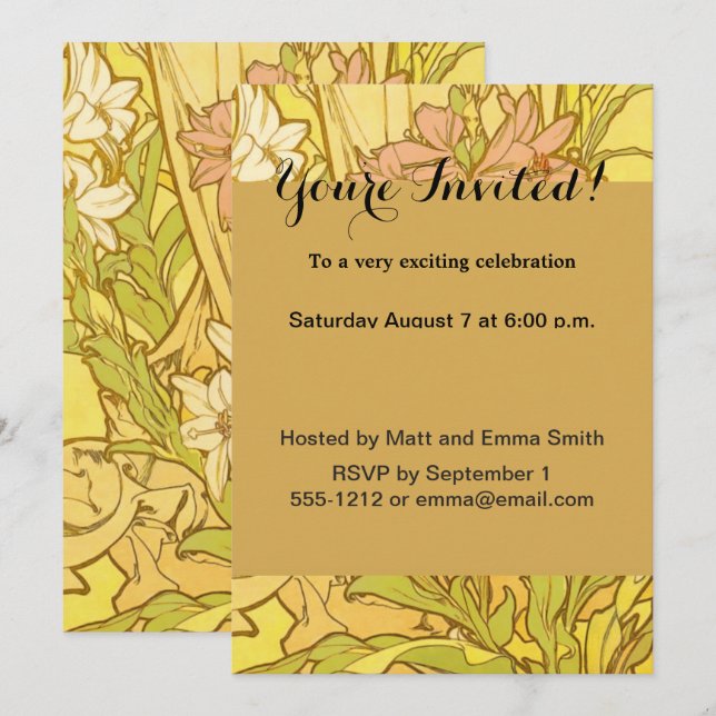 Invitación Alfonse Mucha Flores de lirio Art Nouveau (Anverso / Reverso)