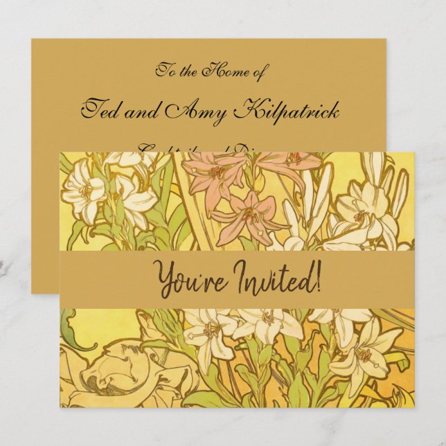 Invitación Alfonse Mucha Flores de lirio Art Nouveau (Anverso / Reverso)