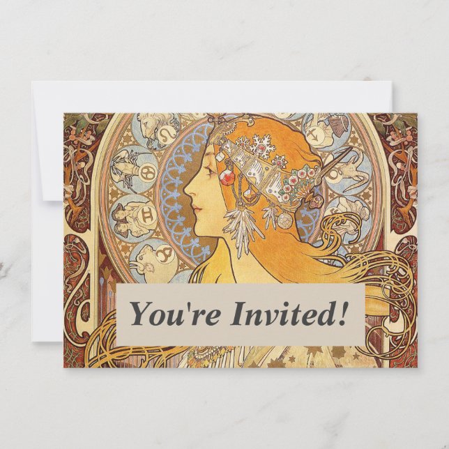 Invitación Alfonse Mucha Zodiac Art Nouveau Mujer (Anverso)