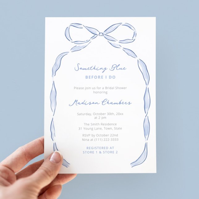 Invitación Algo Azul antes de doblar la ducha de novia (Whimsical hand drawn bow and handwritten font Something Blue Before I Do Bridal Shower invitations)