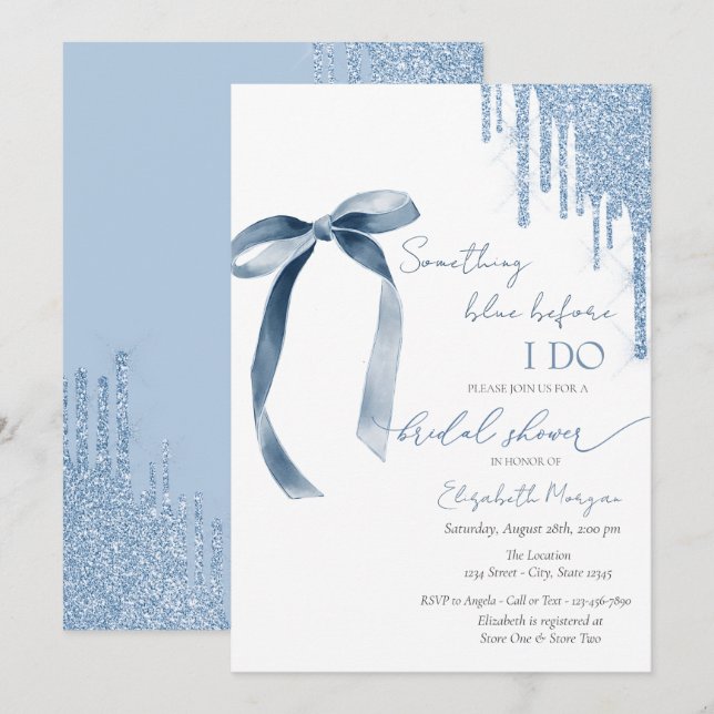 Invitación Algo Azul antes de doblar las gotas Purpurinas (Anverso / Reverso)