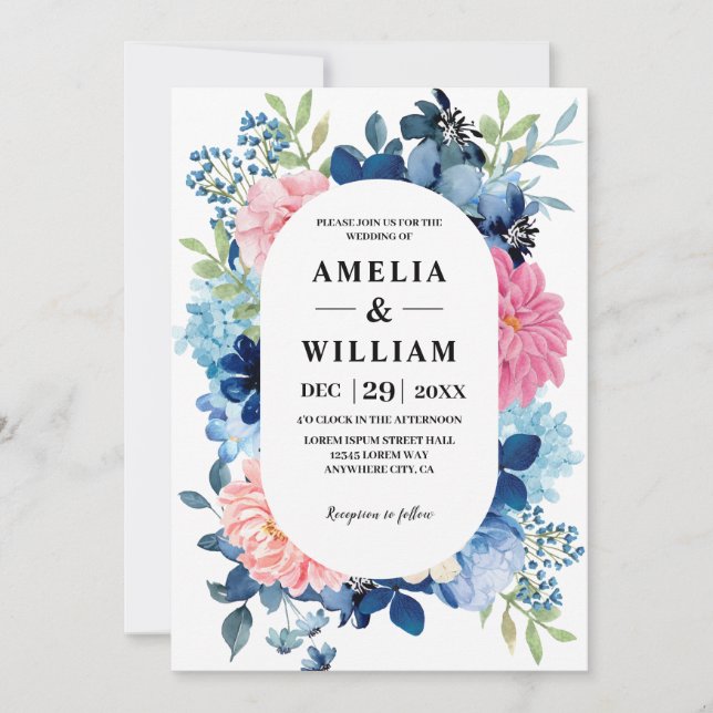 Invitación Algo azul antes de hacer Boda floral (Anverso)