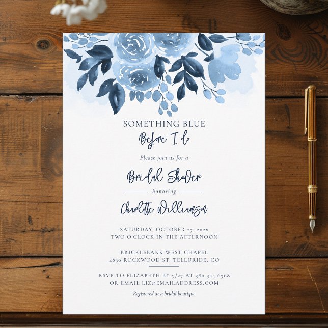 Invitación Algo Azul Antes De Hacer Bridal Ducha Floral (Something Blue Before I Do Bridal Shower Dusty Blue Floral Invitation)