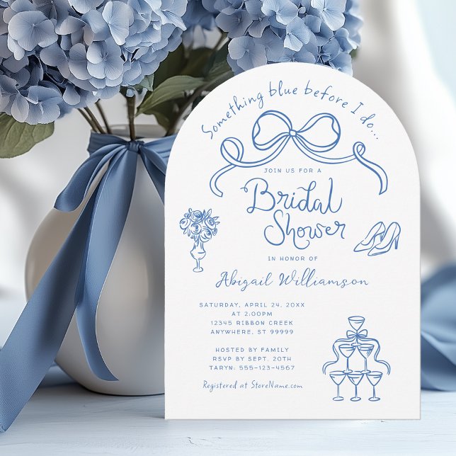 Invitación Algo Azul antes de hacer ducha de novia (Shown on a 5"x 7" invitation with Arch Corner Style)