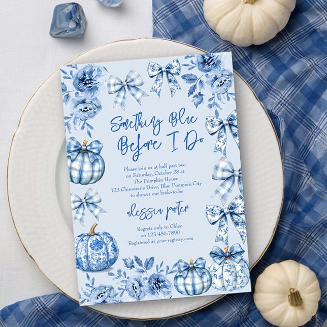 Invitación Algo azul antes de hacer ducha de novia de calabaz (Something Blue before I Do .. Fall Pumpkin Bridal Shower Invitation by Darling & May)