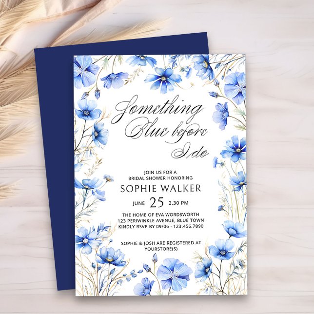 Invitación Algo Azul Antes De Hacer Ducha De Novias Florales (Something Blue Before I Do Blue Floral Bridal Shower Invitation)