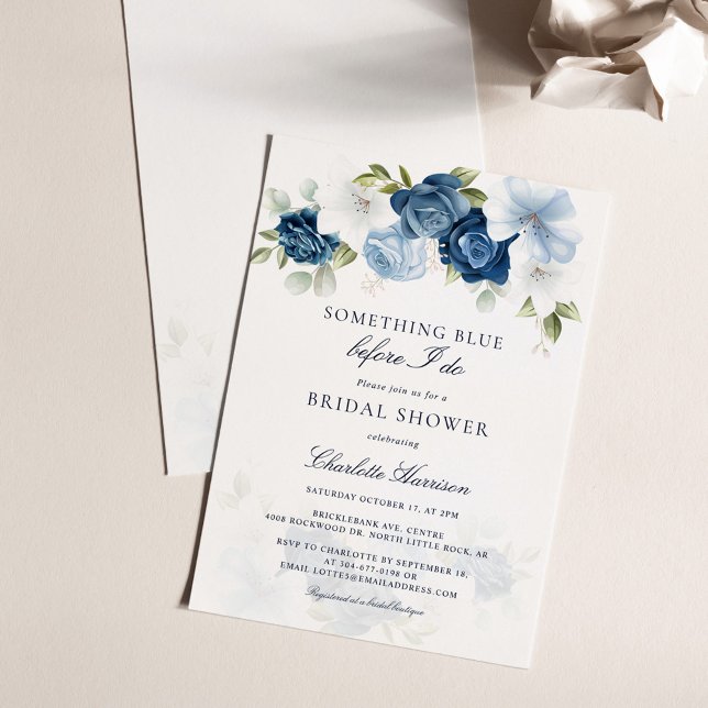 Invitación Algo Azul Antes De Hacer Ducha De Novias Florales (Something Blue Before I Do Watercolor Floral Script Bridal Shower Invitation)