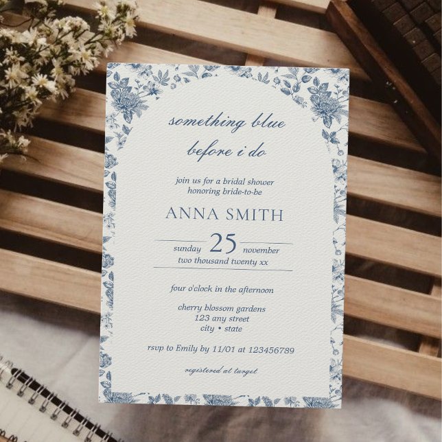 Invitación Algo Azul Antes De Hacer Ducha De Novias Florales (something blue before i do chinoiserie arch vintage art bridal shower invitation elegant unique)