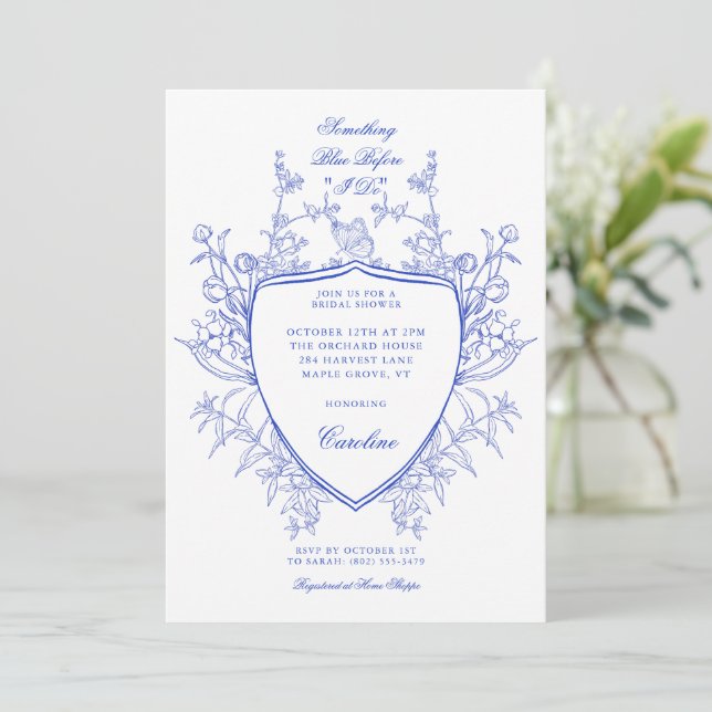 Invitación Algo Azul Antes De Hacer Escudo Floral Elegante (Anverso de pie)