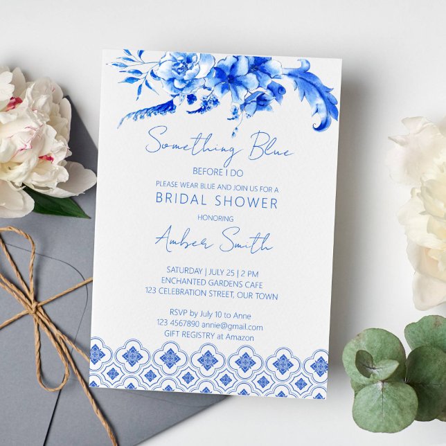 Invitación Algo azul antes de hacer la cosecha de la ducha de (Something blue before i do vintage Victorian botanical florals blue ornamental tiles bridal shower )