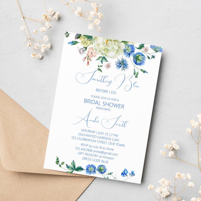 Invitación Algo azul antes de hacer la ducha de novia floral (Something blue before I do botanical floral bridal shower invitation garden themed bridal shower)
