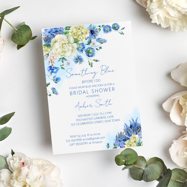 Invitación Algo azul antes de hacer la ducha de novia floral (Something blue before I do bridal shower invitation template vintage botanical garden themed shower)