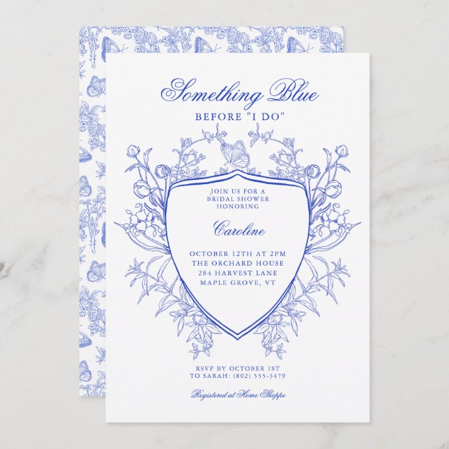 Invitación Algo Azul Antes De Hacer Un Elegante Escudo Floral (Anverso / Reverso)