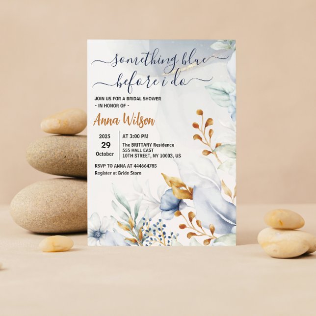 Invitación Algo Azul Antes de Hacer una Elegante Despedida de (something blue bridal shower invitation, watercolor floral, blue gold, elegant wedding invite, dusty)