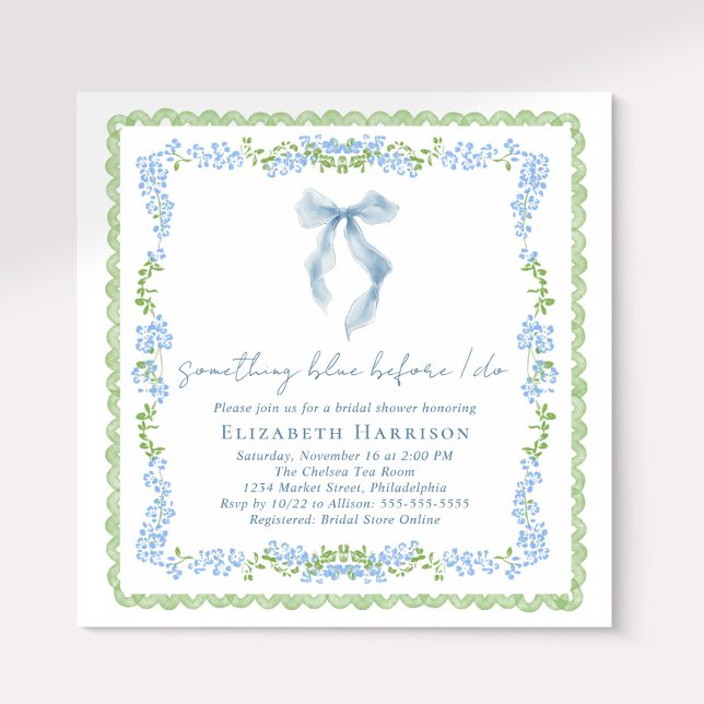 Invitación Algo Azul Antes de Mi Boda Despedida de Soltera (Something Blue Before I Do Bow Bridal Shower Invitation)