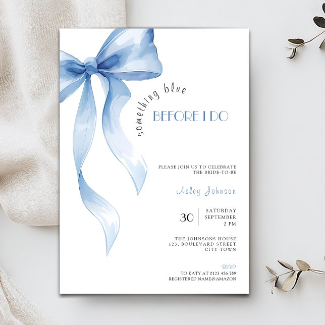 Invitación Algo Azul antes de mi Despedida de Soltera (Something blue before I do Bridal Shower Invitation with Blue Bow Coquette.)