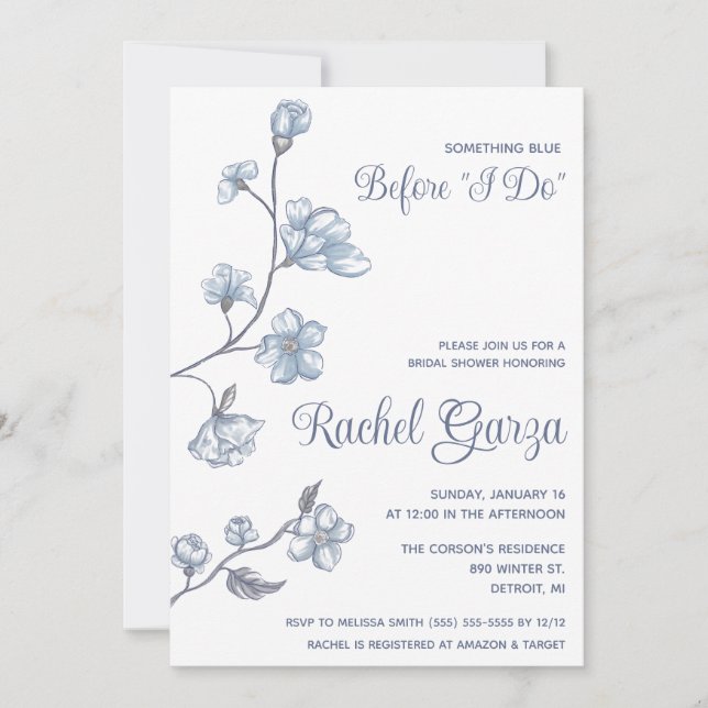 Invitación ¡Algo azul antes que yo! Floral Bridal Shower (Anverso)