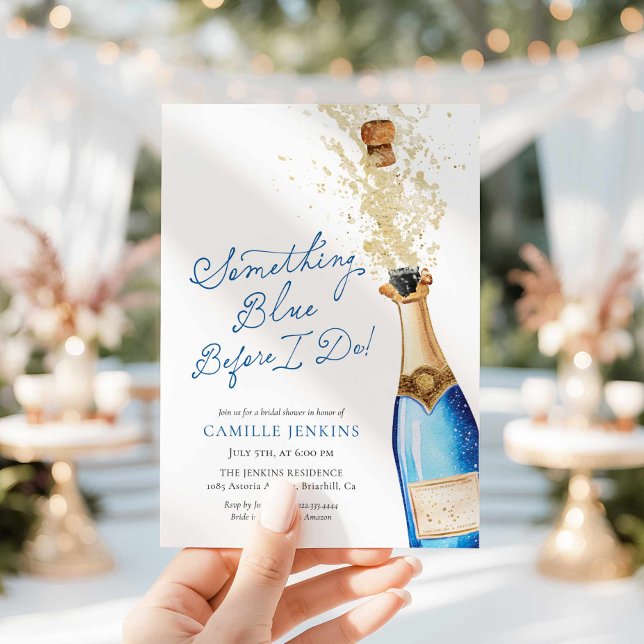 Invitación Algo Azul Champagne Brunch Ducha de novias (Something Blue Before I do! Brunch and Bubbly Bridal Shower Invitation)