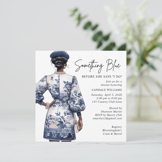 Invitación Algo azul ducha de novia afroamericano (Anverso de pie)