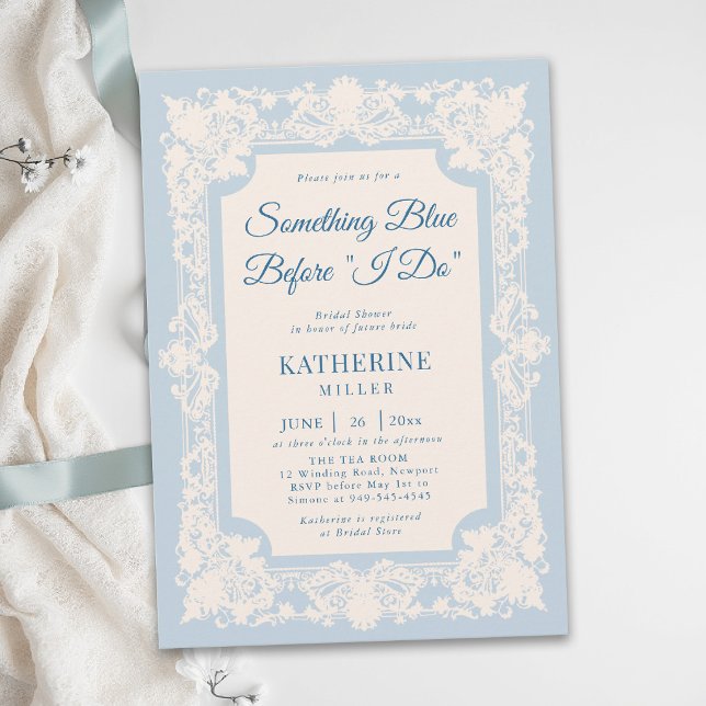 Invitación Algo Azul Encaje Clásico Moderno Despedida de Solt (something blue bridal shower ideas modern classic invitation lace frame elegant brunch tea template)