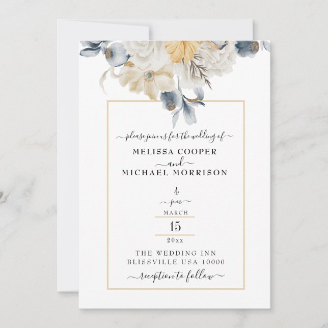 INVITACIÓN ALGO AZUL, FLORAL BLANCA EN EL BODA BLANCO (Anverso)
