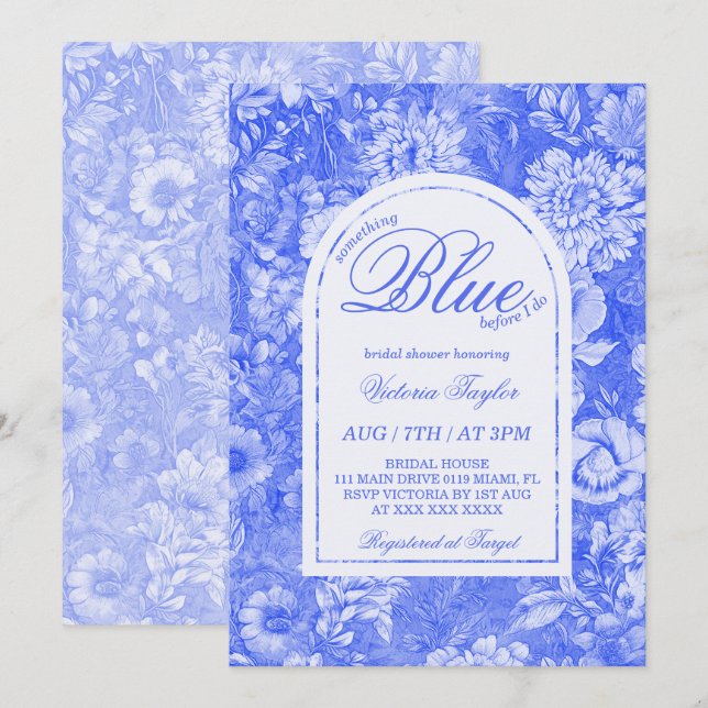 Invitación Algo Azul Floral Ducha Nupcial (Anverso / Reverso)