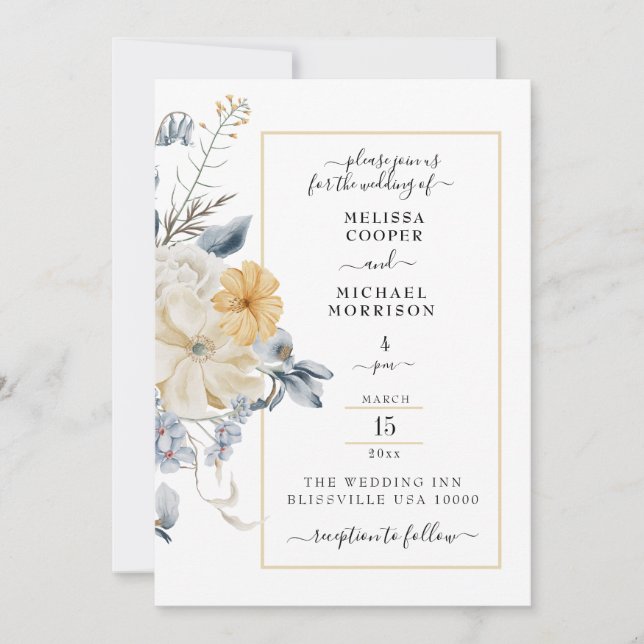 INVITACIÓN ALGO AZUL, FLORAL PASTEL EN BODA BLANCO (Anverso)
