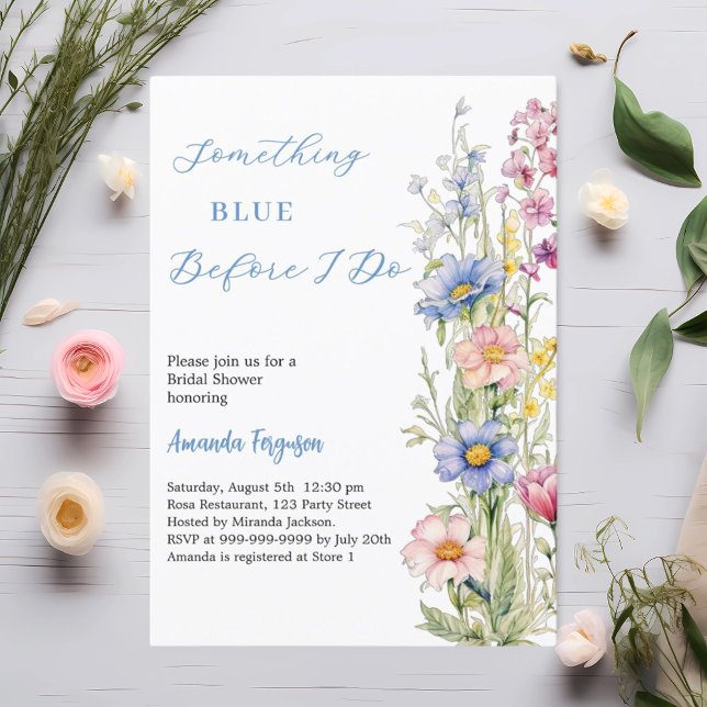 Invitación Algo azul floral rosa morado Ducha de novia (Subido por el creador)