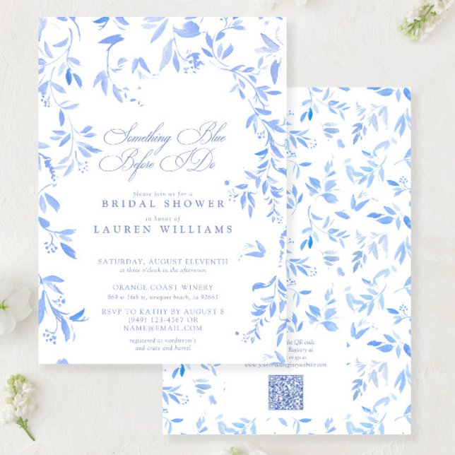 Invitación Algo Azul QR Código Floral Script Ducha de novia (Subido por el creador)