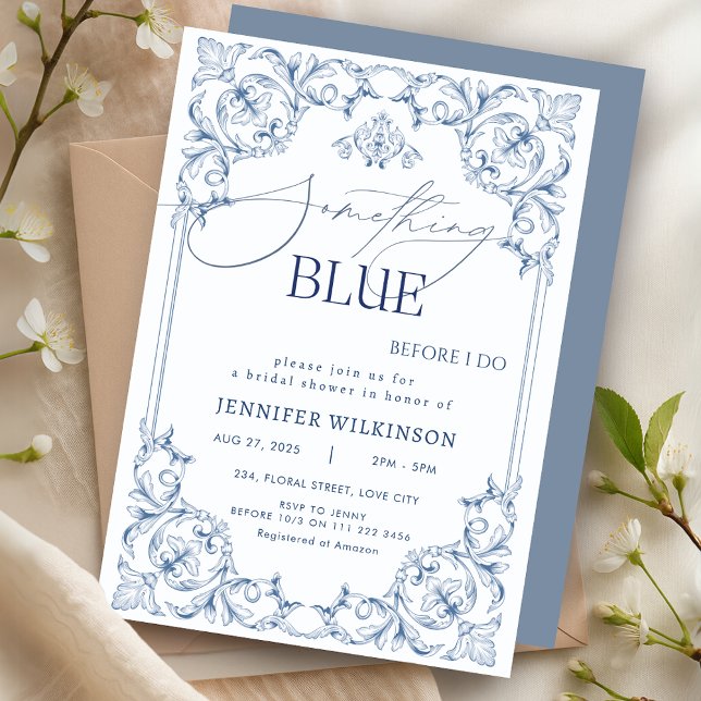 Invitación Algo Azul Regencia Fiesta de Despedida de Soltera  (Something Blue Regency Vintage Bridal Shower Invitation)