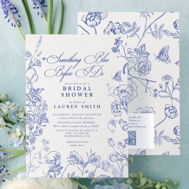 Invitación Algo azul victoriano QR Floral Bridal Shower (Subido por el creador)