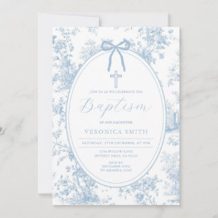Invitación Algo azul vintage cruz floral bautismo