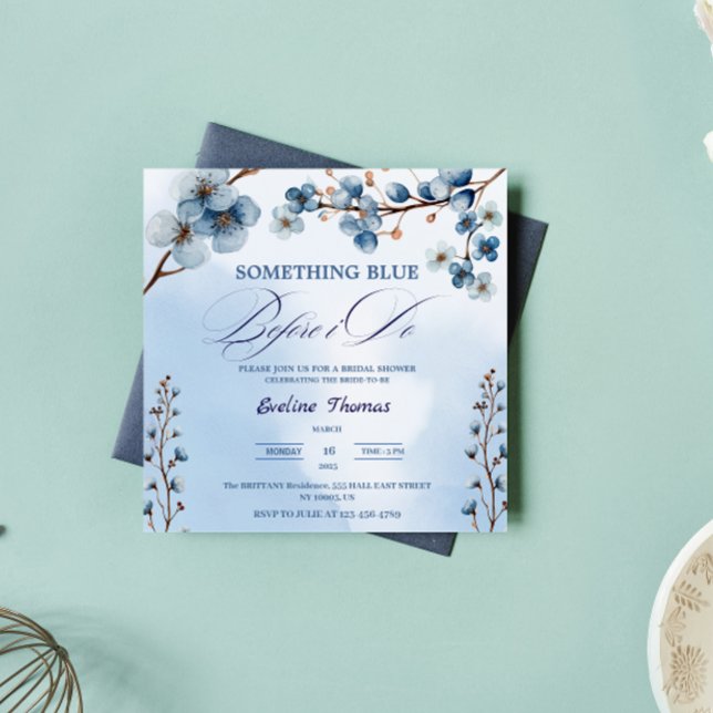 Invitación Algo Azul Yo Hago Blossom Brunch Bridal Shower ( Something Blue Before I Do Bridal typography watercolor modern elegant calligraphy script brunch)