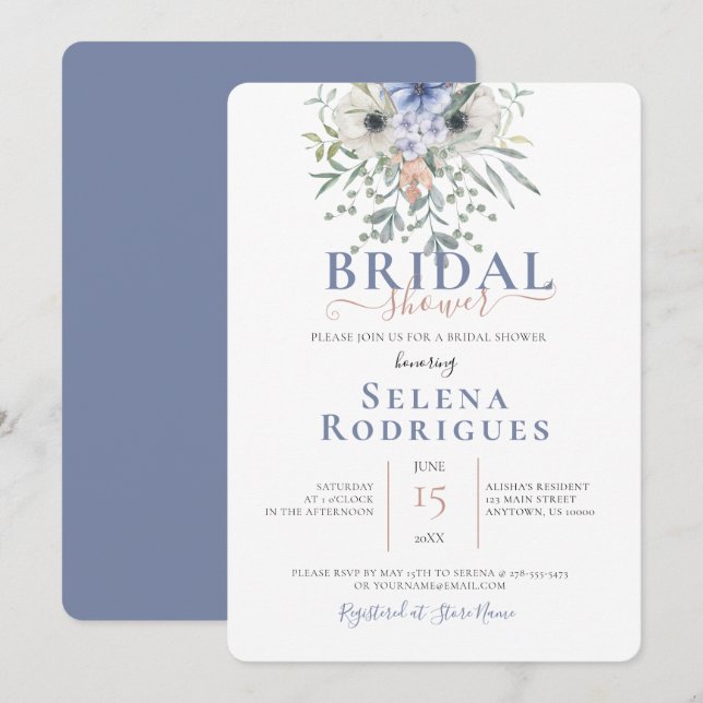Invitación Algo de Blue Bouquet Ilustracion Bridal Shower (Anverso / Reverso)